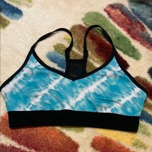 Blue and Black Racerback Sports Bra with Tie-Dye Design